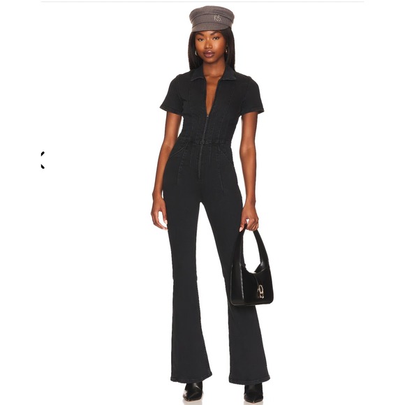 Free People Pants - Free People We The Free Jumpsuit Small Black Denim Jayde Flare Boho Stretch Zip